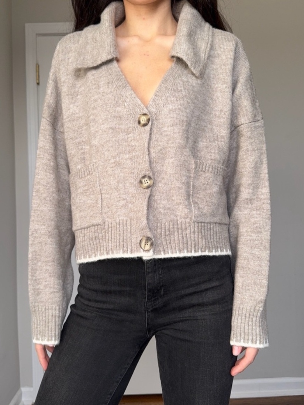 River Island Taupe Collared Cropped Button Cardigan